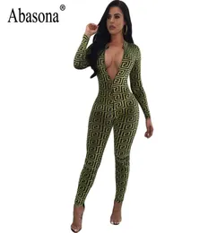 Abasona Women Jumpsuits Vintage Tryckt Lång ärmövergripande Autumn Skinny Long Pants Front Zipper Club Rompers Womens Jumpsuit9977795
