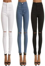 Wysokie talię swobodne chude dżinsy dla kobiet dziewczęta Dziewczęta Slim Knee Rise Denim Pencil Pants Elastyczność Czarna niebieska spodnie 8622906