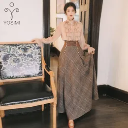 Yosimi 2020 Осенний зимний блузенный топ с длинным рукавом и шерстяная клетчатая юбка и верхний набор женщин.