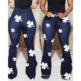 Women's Jeans Wepbel Y2K Skinny Women Four-Leaf Clover Printed High Waist Denim Bootcut Pants St. Patrick's Day Lucky Trousers