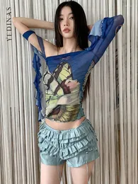 Koszule damskie Yedinas Grunge Aesthetics Nieregularne topy siatki Summer 2024 Blue Print Shirt Women Ubrania Słodkie szczupłe koszulki Y2K