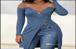 Artı Boyut S3XL Kadınlar Kaburga Tshirt Tasarımcı Giysileri İnce Seksi Vneck Uzun Kol Üstleri Yüksek Bölünmüş Fermuarı Sold Renk Sweater8445459