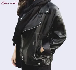 صديقها الجلود الفضفاضة نساء سترة سوداء كبيرة الحجم Moto Jaquetas Couro Casaco Chaquetas Chain Punk1557623