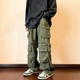 Herrlastbyxor Multi Pocket Tool Pants Harajuku Mens Retro Loose Wide Ben Benged Pants Street Casual Hip Hop Mens 240430