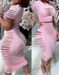 Work Dresses Summer Outfits For Women 2024 Fashion Wedding Guest Ladder Cutout Short Sleeve Top & Sexy Two Piece Sets Skinny Party Skirt Set