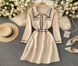 Lady Fashion Knitted Sweater Dress 2021 Women Autumn Winter Retro Buckle Waist Thin Longsleeved Vestidos Q464 Casual Dresses7260585