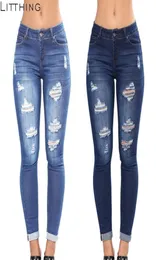 Litthing 2018 Neuankömmlinge Frauen High Taille Casual Denim Taschen Knopf Reiße Reißverschluss Jeans Baumwollfliege Skinny Bleistift Full Jeans9495739