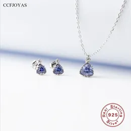 CCFJOYAS 100 925 Sterling Silver Fine Necklace Earrings Set for Women 18k Gold Plated Geometric Tanzanite Zircon Jewelry 240517