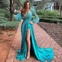 Hunter Evening Dresses Elegant Illusion Long Sleeves Prom Dresses for Special Occasions Appliqued Beaded Lace Sexy Split Pleats Birthday Dinner Gowns AM974