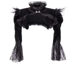Victorian Black Flanner Feathers 레이스 재킷 긴 소매 주름 장식 스탠드 고딕 양식 볼로로 의류 액세서리 증기 펑크 코트 WO2168290