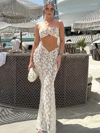 Work Dresses Fantoye Sexy Lace Two Piece Sets Women Skirt Suit White Off Shoulder Top Long Female 2024 Summer Skinny Elegant Beachwear