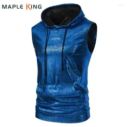 Men's Tank Tops Metallic Hooded Vest Mens Steampunk Hombre 2024 Summer Nightclub Sleeveless Hipster For Men Fashion Clothes Streetwear