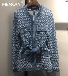 Menkay Vintage Women Jean Jacket Witrh Belt 2019秋の長袖ポケットデニムジャケット女性ルースアウトウェア女性1515895