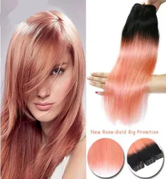 Ombre Saç Uzantıları Koyu Köklerle Gül Altın Brezilya Düz Bakire Saç 3 PCS Yumuşak Brezilya Ombre Gül Altın Pembe Dokuma 47767056