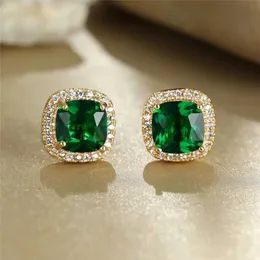Stud Womens lüks yeşil kristal saplama küpeleri klasik yeşil zirkon kare taş küpeler retro altın küçük küpeler q240517