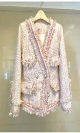 2020 new women039s luxury pink color long sleeve tweed woolen tassel fringe double breasted thickening coat casacos3948247
