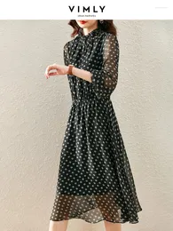 カジュアルドレスVimly Black Printed Chiffon Floral Dress Women 2024秋の弾性ウエストフリル襟長袖ヴィンテージ女性V1236