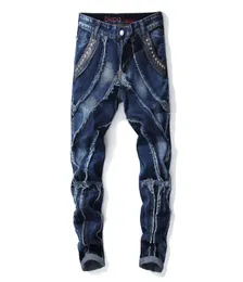 Rippad sömnad personlighetsfläck jeans för män smala mode high street stil manlig denim byxor frayed förstörda vintage mens pun7600192