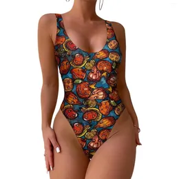 Women's Swimwear Pumpkins And Ghost Swimsuit Halloween Surfing Design Bodysuit Monokini Women Push Up Sexy Stylish One-Piece Beach Wear