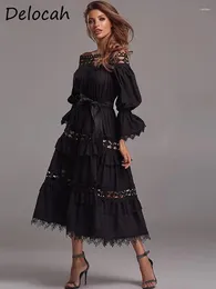 パーティードレスデロカ高品質の夏の女性ファッションデザインドレススラッシュネックレースランタンスリーブサッシボウフルスミディ