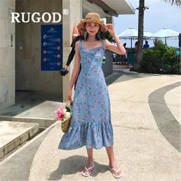 Abiti casual Rugod Party Summer Floral Stamping Women Dress Elegant Ruffles Spaghetti Cinturino Lunga donna senza maniche coreane