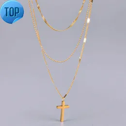 2023 gold plated stainless steel cross pendant three layered rope ball figaro chain necklace for women