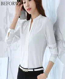 Beforw Sommer Frauen Bluse White Pink Vneck Hemd Hochwertige Langhülle Elegant Damenbekleidungsbüro tragen Chiffon Blouse9376286