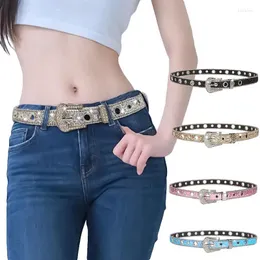 Cintos Mulheres Rhinestone PU couro Bling Crystal Ajustável Metal Buckle Glitter Scustand For Girls Club Party Fashion Belt