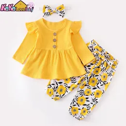 3Pcs Autumn Baby Girl Clothes Sets Infant born Long Sleeve Tops Floral Print Pants Headband Solid Clothing Outfit 0 324M 240518