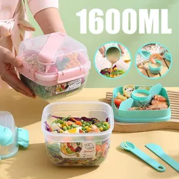 Servis 1.6L Portable 2 Layer Lunch Box Fruit Salad Lagring Container Set With Fork Microwave Safe Bento for Picnic School