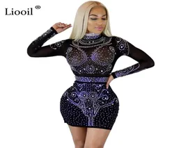 Liooil Women Crystal Dress Long Sleeve Bodycon See Through Mesh Dress Black Wine Red Apricot Diamonds Sexy Club Party Dresses5492288
