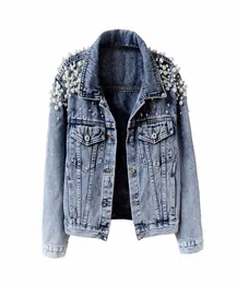 Giacca di jeans per perle di perle di moda donne 2019 due tasche jeans vintage chaqueta mujer slim pessamce jaqueta femminina1654188