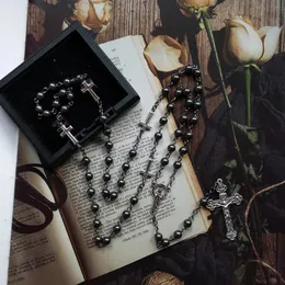 Colar de Rosário Medalha Nossa Senhora de Guadalupe Black Hematite Pray Chain Crucifix Cross Pingente Pingente Jóias Religiosas Presentes 240518