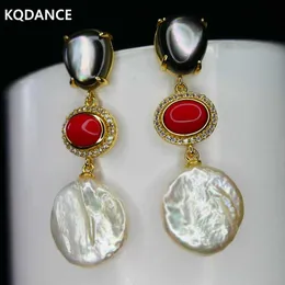 Stud Kqdance Trend Multicolor Black Mother of Pearl Red Agate White Natural Baroque Freshwater Pearl Longörhängen Q240517