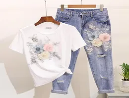 Amolapha Women Heavy Work Emelcodery 3D Flower Tshirts Jeans 2PCS STEARS STEARS SUMMENT CASUAL SUIT Y2007011050919