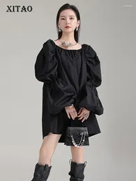 Casual Dresses XITAO Square Collar Puff Sleeve Pullover Solid Color Loose Above Knee Mini 2024 Autumn Fashion All Match DMJ2941