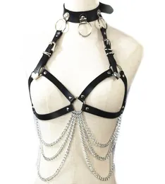 Black Leather Garter Big O Ring Halter Sexy Harness Bra Cage Adjustable Suspenders Belts Metal Rivet Cbwear for Lady4368822