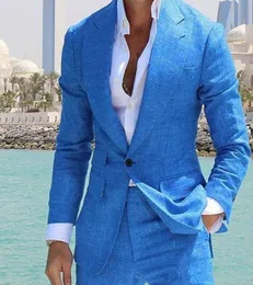 Anzüge blaues Leinen mit Spitzenreiter mit einem Knopf Hochzeit Smoking Summer Beach Kostüm Bräutigam tragen formelle Mann Blazer Jackthose3771301
