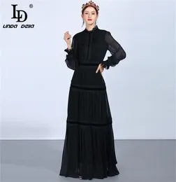 LD LINDA DELLA Fashion Runway Maxi Dresses Women039s Long Sleeve Lace Patchwork Ruffles Vintage Black Dress Elegant Party Dress6493822