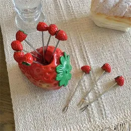 Gafflar jordgubbsform frukt gaffel förvaring burk trendig rostfritt stål söta pinnar hushåll användning