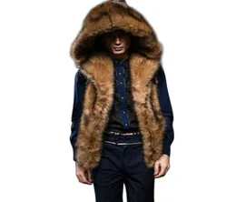 2020 Winter Hooded Faux Fur Vest Men 소매 털이 두꺼운 따뜻한 재킷 외부 ​​웨터 코트 남성 플러스 크기 S3XL Waistcoat8081283