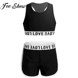 Clothing Sets Childrens and Girls Sportswear Letter Printing Gymnastics Sleeveless Racing Rear Tank Crop Top and Bottom Set Ballet Clothing Q240517