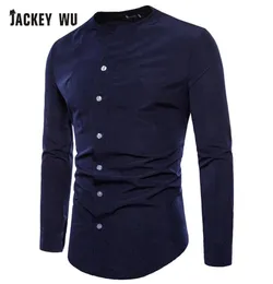 Jackeywu Brand Casual Shirts Men 2019 Korean Fashion Collarless Long Sleeve Dress Shirt Business Social Camisa Masculina White5964962