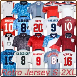 Gascoigne Southgate Retro Soccer Jerseys Inglaterra 1990 96 EURO Shearer Owen 98 Camisas de futebol vintage infantis Rooney Gerrard Lampard 2000 02 04 Kit de futebol clássico