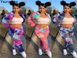 Women039S Tracksuits Tsuretobe Tie Dye 2 조각 세트 여성 크롭 청바지 재킷 찢어진 데님 가을 의류 스트리트웨어 매칭 세트 7851233