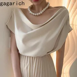 Frauenblusen Gagarich Vintage solide lockere schlagende Sensation Falten Design Hemd Frau Elegant V-Ausschnitt Kurzärmele einfache vielseitige Bluse