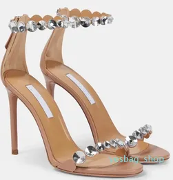 有名なAquazzurasの女性Maxi-Tequila Sandals Shoes Crystal Stud Stiletto Heels Floaty Pumps Dress Party Bridal Lady Sandalias