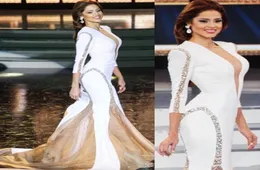 Miss Universe Evening Dresses Long Sleeve Illusive Back Wituil in rilievo perline Ruffles Satin Weeveless Women Gowns Prom formale Dr9181453