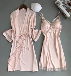 Women039S Sleepwear Freshing Summer Lace Hollow Woman Robe Set Camisole Night Skirt Twinset Rayon Silk Pajamas Home Furnishing 5315740