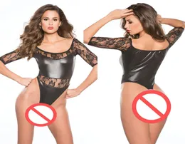 Spets halv ärm kvinnor bodysuit faux läder underkläder sexiga damer neddy högklipp en bit underkläder1514938